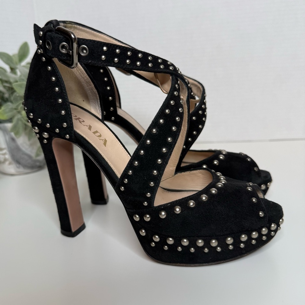 Prada Black Suede Studded Cross Strap Platform Pumps Size 35 Luxury Italian Glam - Picture 7 of 17